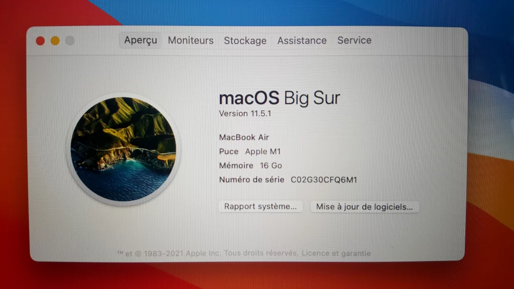 MacBook Air M1 8Go 512Go OS Processeur RAM