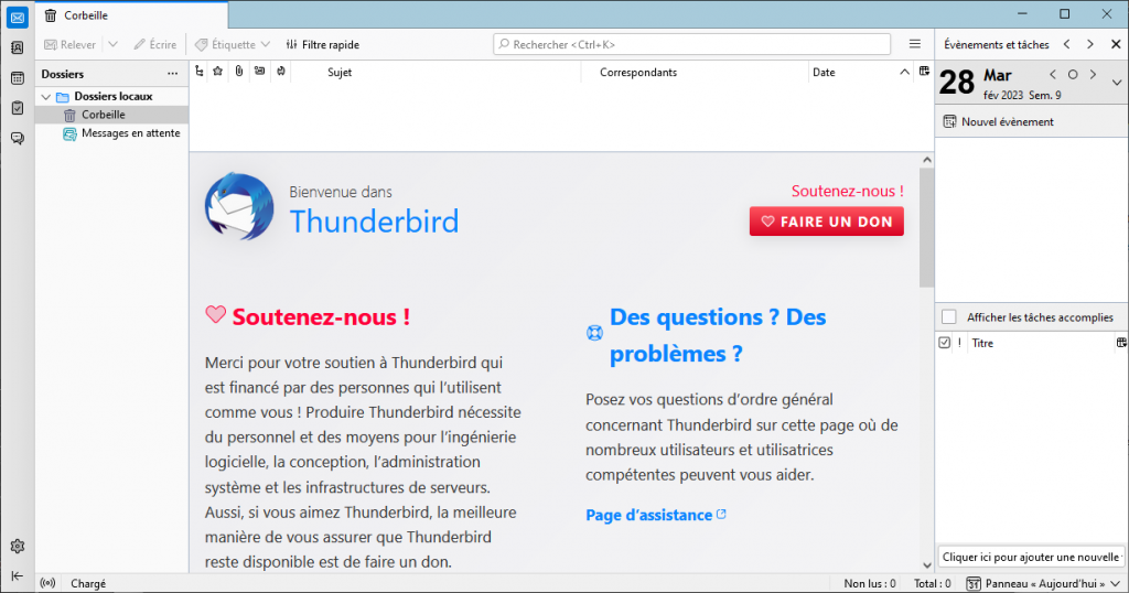 Mozilla Thunderbird 102.9.1 fenêtre par défaut